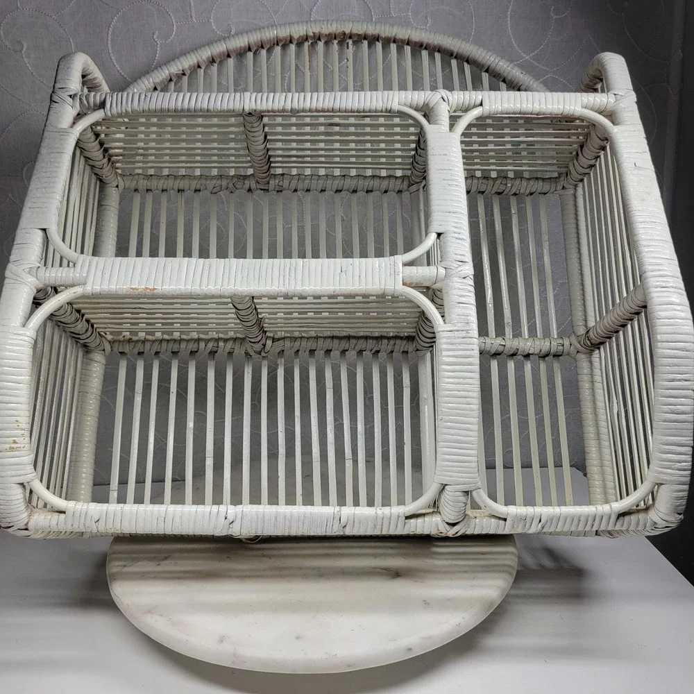 VTG Wrapped Rattan Wicker Shelf White Arched 3 Tier Boho Storage Cabinet